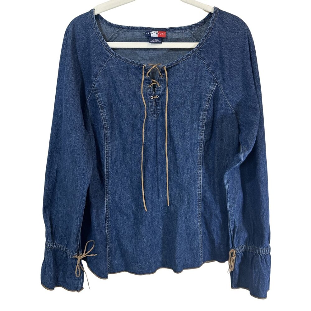 French Cuff Blue Denim Peasant Top Lace‑Up XL 100% cotton